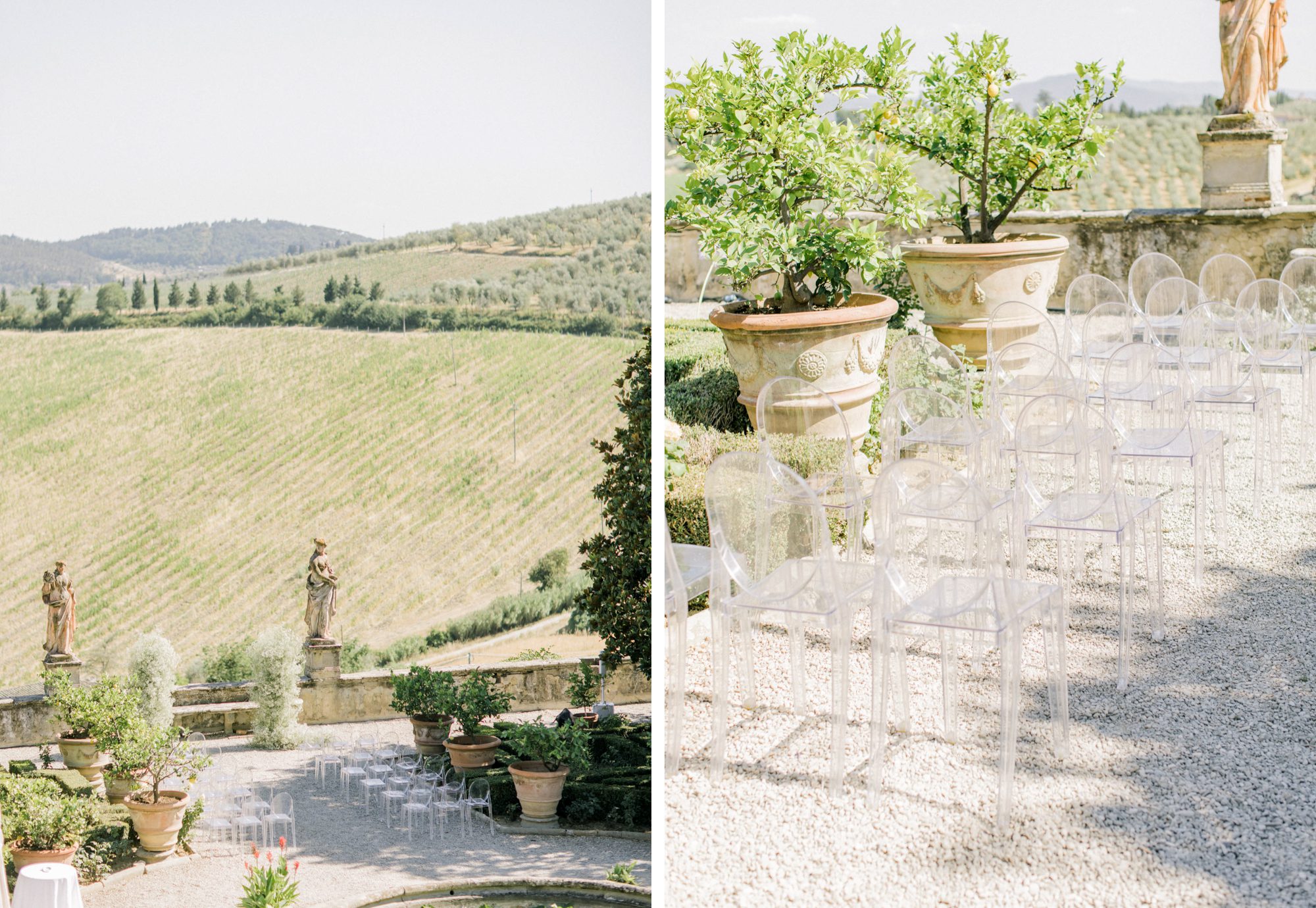 Elegant ceremony décor at Villa Corsini in Tuscany featuring floral arrangements, classic chairs, and a romantic aisle framed by Italian gardens.
