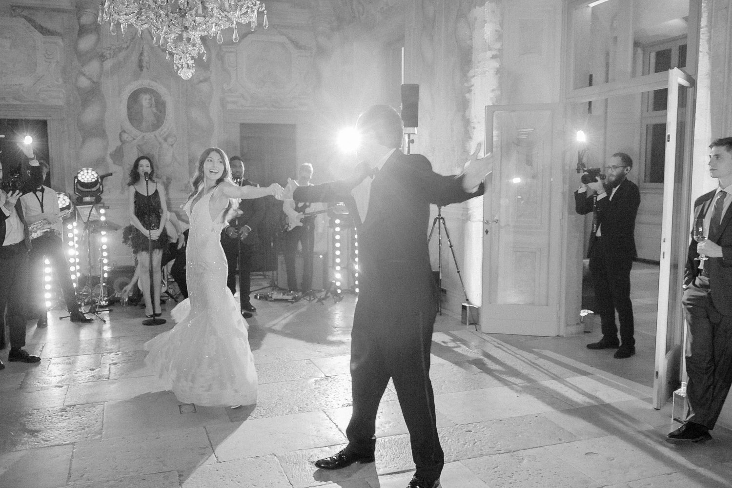 Bride shares her first dance with her father during the wedding reception at Villa Balbiano on Lake Como — captured by Koman Studio, fine-art wedding photographers in Italy.
