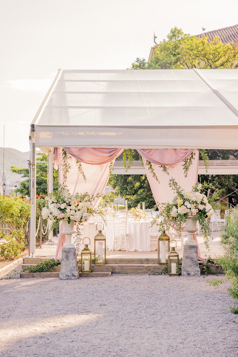 Villa Pizzo wedding reception decor on Lake Como with elegant tablescape and candlelight design